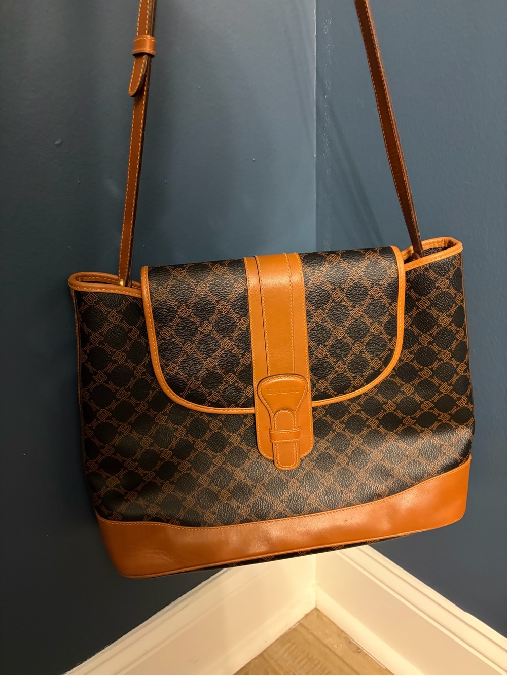 Bally Monogram with Tan Leather Trim shoulder or crossbody